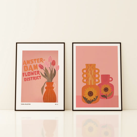 Modern Floral Retro Wall Print Set of 2