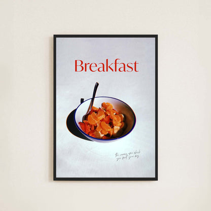 Red text and a bowl of fruit  breakfast poster.