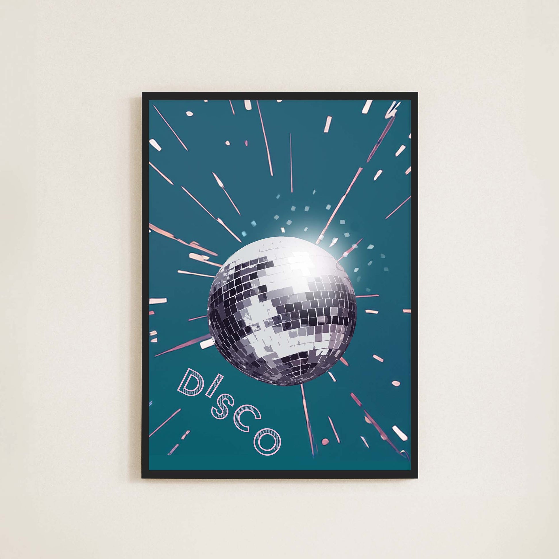 A vibrant disco ball wall poster, reflecting colorful lights, adds a touch of retro glamour to any space.