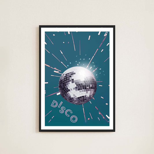 A vibrant disco ball wall poster, reflecting colorful lights, adds a touch of retro glamour to any space.